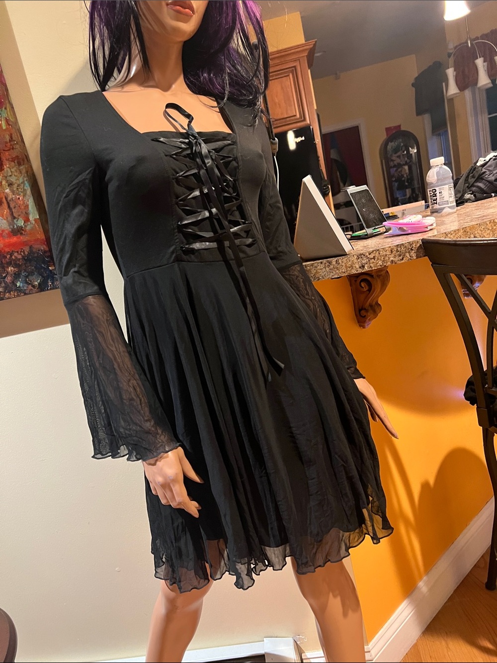 Gothic witchy Black Lace-Up Dress S bell sleeves nwot